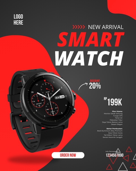 smartwatch, smart watch, fitness watch, digital watch, sport watch, gps watch, new arrival, sale promotion, modern typography, minimalist, bold, energetic, black, red, neutral